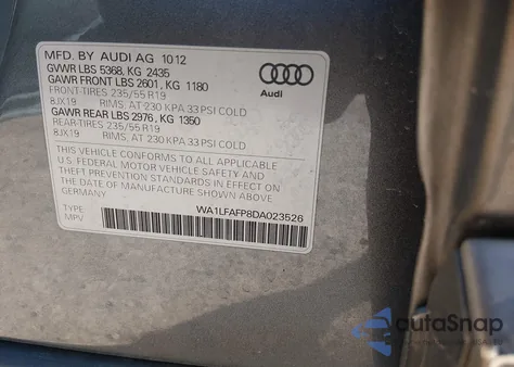 2013 Audi Q5 2.0T Premium из США, поврежденный, VIN WA1LFAFP8DA023526